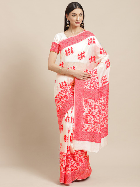 

Sugathari White & Red Warli Woven Design Banarasi Saree