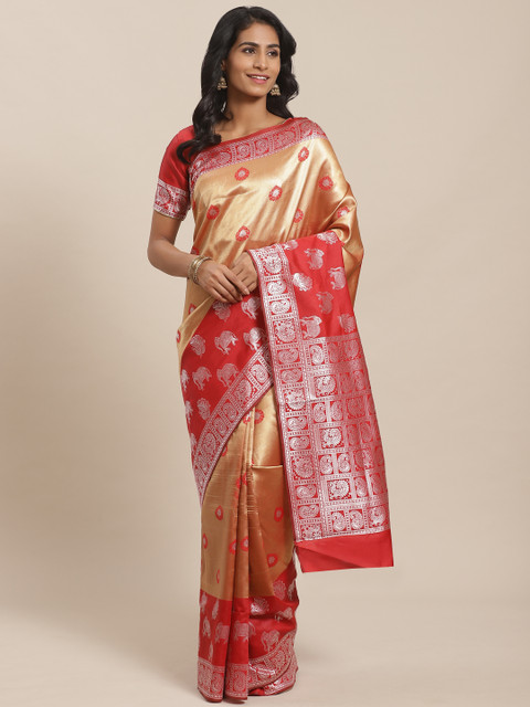 

Sugathari Golden & Red Zari Woven Design Celebrity Banarasi Saree, Gold
