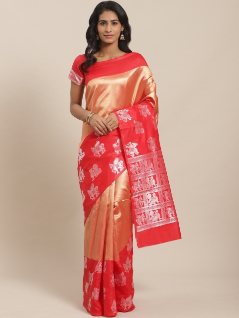 

Sugathari Orange & Silver Solid Celebrity Banarasi Saree