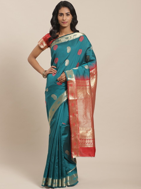 

Sugathari Teal Green & Red Woven Design Banarasi Saree