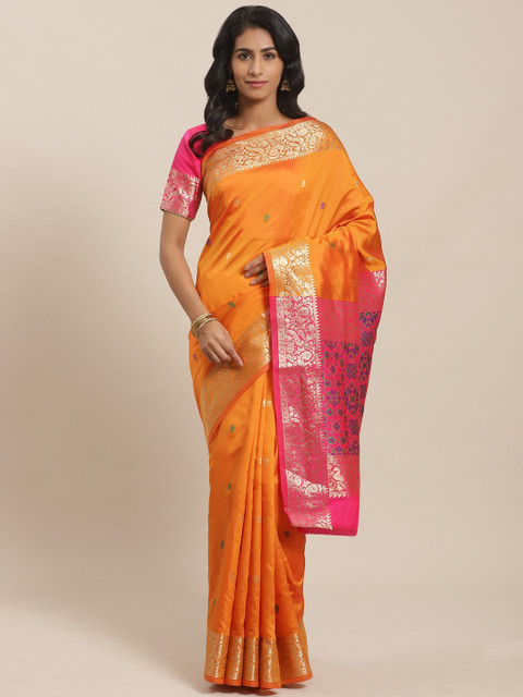 

Sugathari Orange & Golden Zari Woven Design Celebrity Banarasi Saree