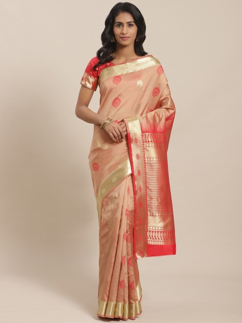 

Sugathari Peach-Coloured & Red Zari Woven Design Banarasi Saree