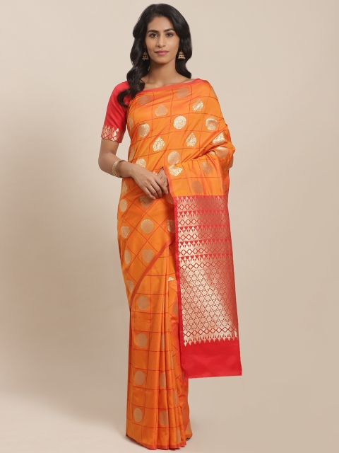 

Sugathari Orange & Golden Zari Woven Design Celebrity Banarasi Saree