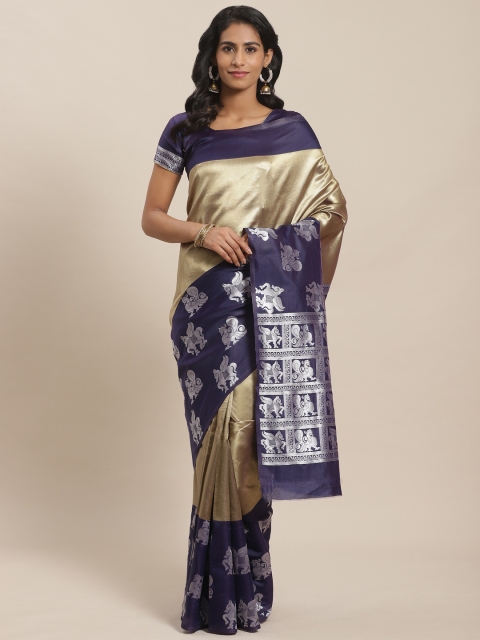 

Sugathari Golden & Navy Blue Solid Banarasi Saree, Gold