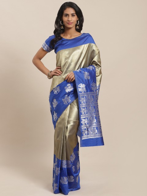 

Sugathari Golden & Blue Solid Celebrity Banarasi Saree, Gold