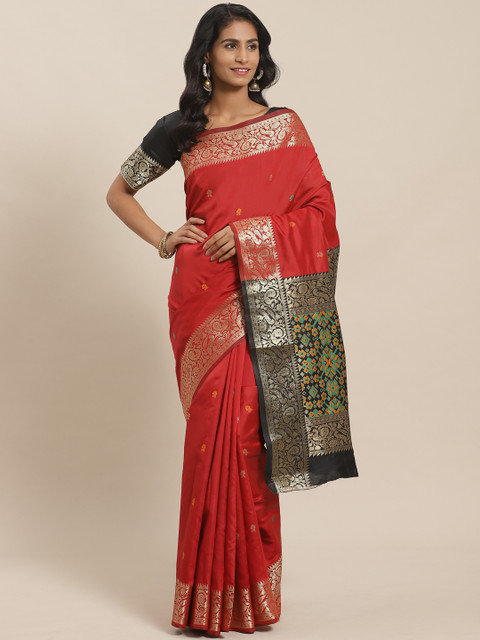 

Sugathari Red & Golden Zari Woven Design Celebrity Banarasi Saree