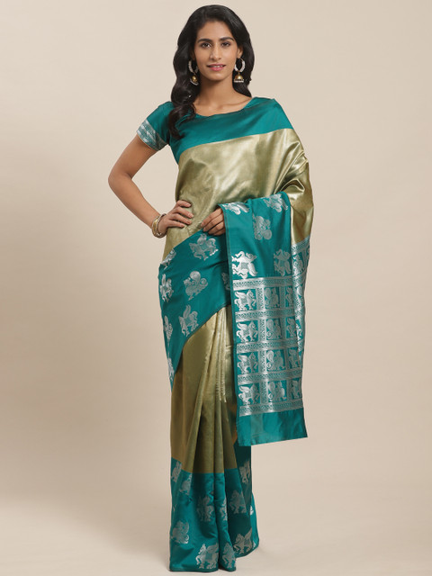 

Sugathari Golden & Teal Blue Solid Banarasi Saree, Gold