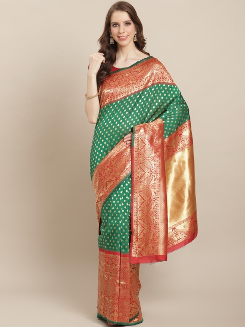 

Sugathari Green & Golden Zari Woven Design Celebrity Banarasi Saree
