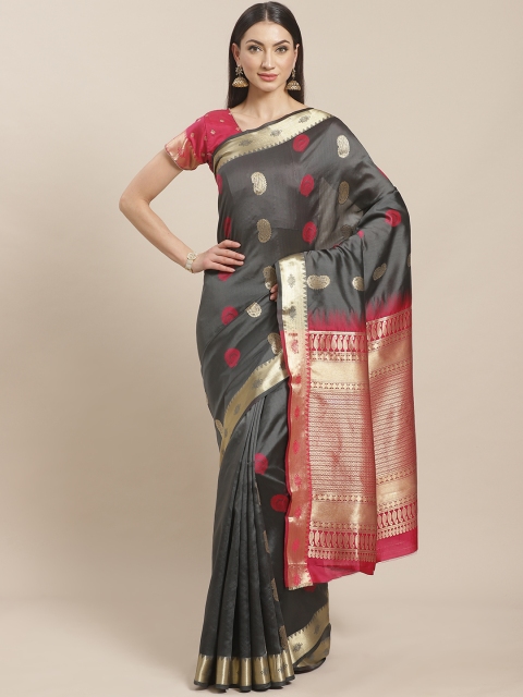 

Sugathari Charcoal Grey & Magenta Zari Woven Design Celebrity Banarasi Saree