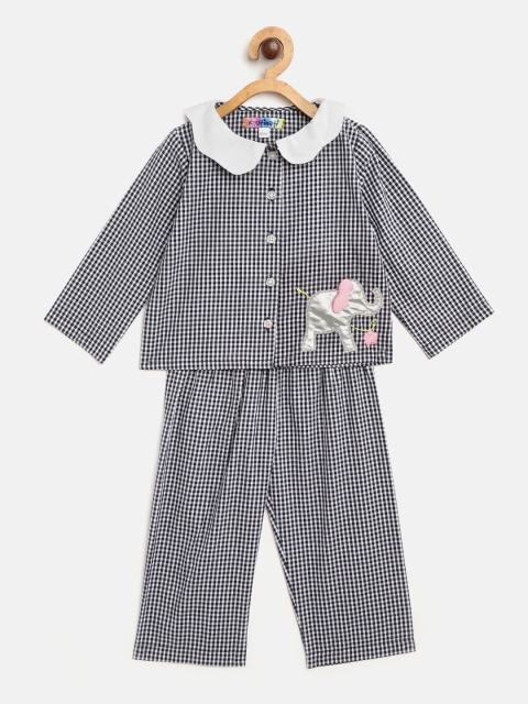 

Nauti Nati Girls Navy & White Checked Night Suit, Navy blue