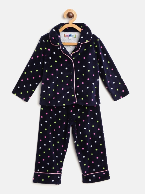 

Nauti Nati Girls Navy Blue Velvet Finish Polka Dot Print Night Suit