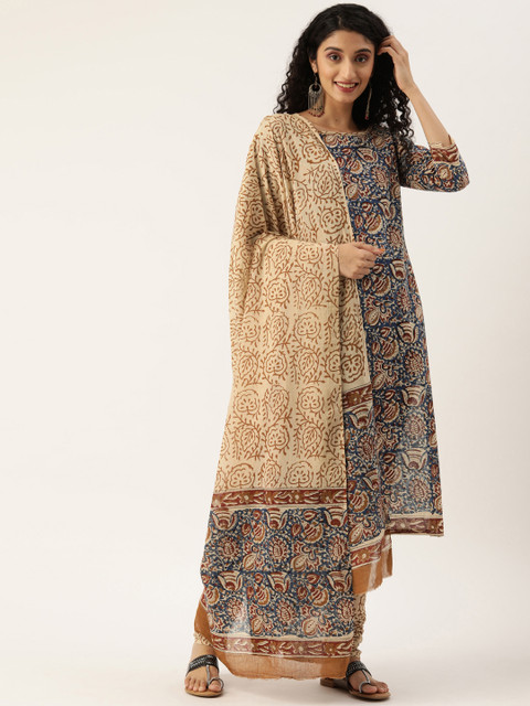 

Rajnandini Teal Blue & Beige Pure Cotton Unstitched Dress Material