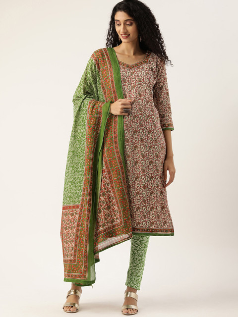 

Rajnandini White & Green Pure Cotton Unstitched Dress Material