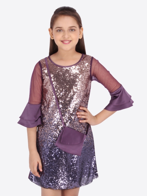 

CUTECUMBER Girls Purple Embellished Sheath Dress With Sling Bag