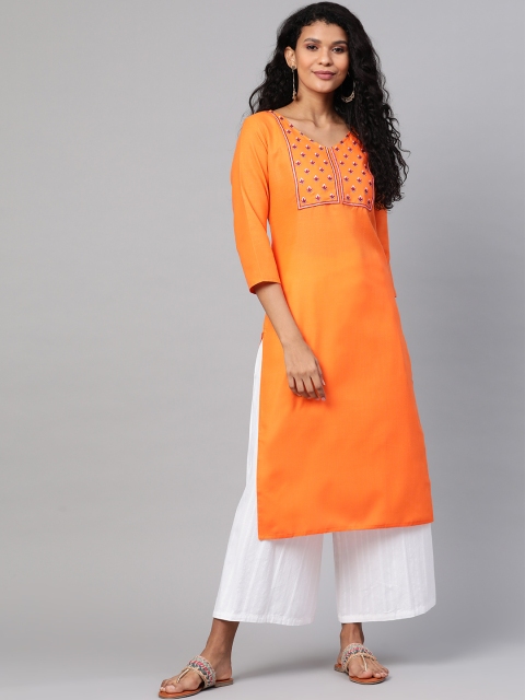 

KSUT Women Orange Yoke Design Straight Kurta