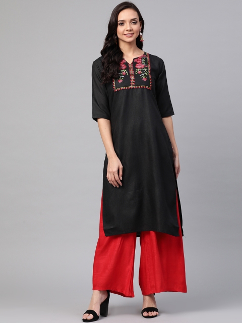 

KSUT Women Black Solid Straight Kurta