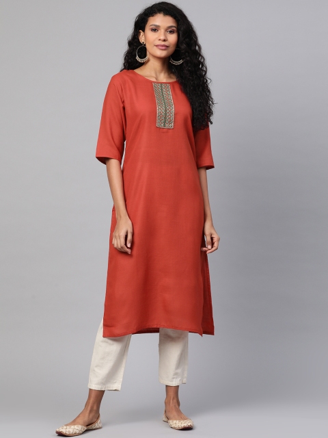 

KSUT Women Rust Red Solid Straight Kurta