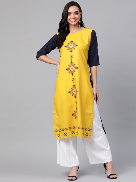 

KSUT Women Mustard Yellow & Navy Blue Printed Straight Kurta