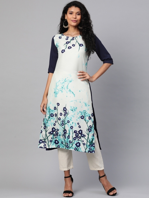 

KSUT Women Navy Blue & Off-White Printed Straight Kurta