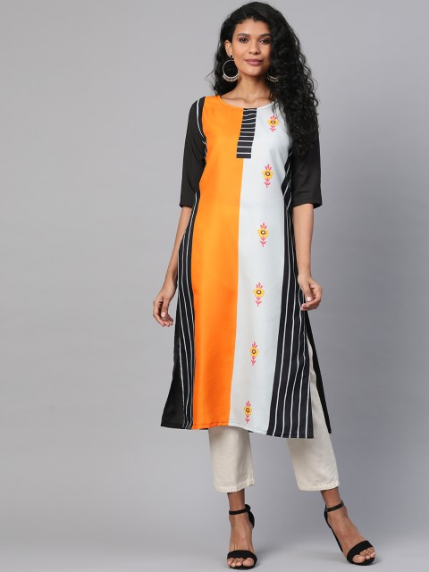 

KSUT Women Black & Orange Colourblocked Straight Kurta