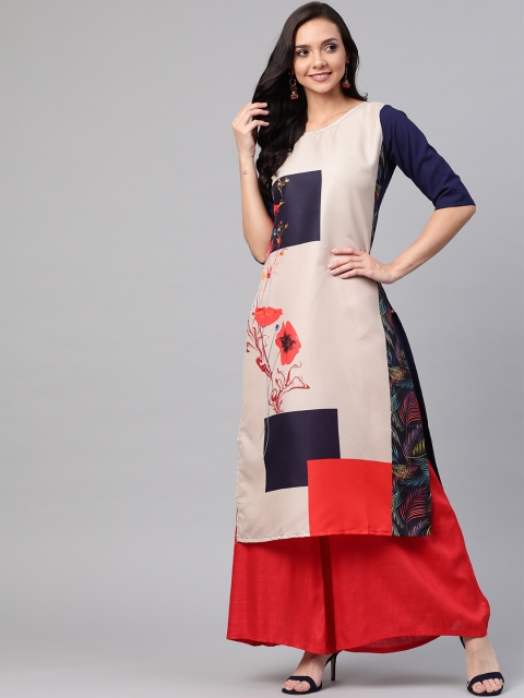 

KSUT Women Beige & Navy Blue Printed Straight Kurta