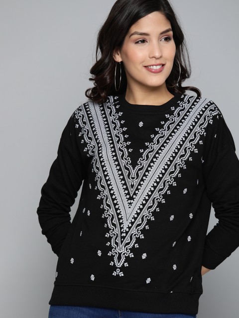 

HERE&NOW Women Black & Grey Ethnic Printed Sweatshirt