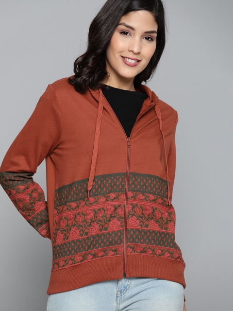 

HERE&NOW Women Rust Orange & Green Ethnic Printed Hooded Sweatshirt