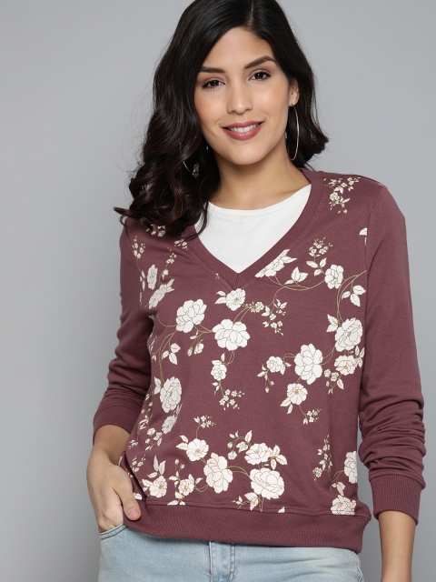 

HERE&NOW Women Mauve & Off-White Floral Printed Sweatshirt