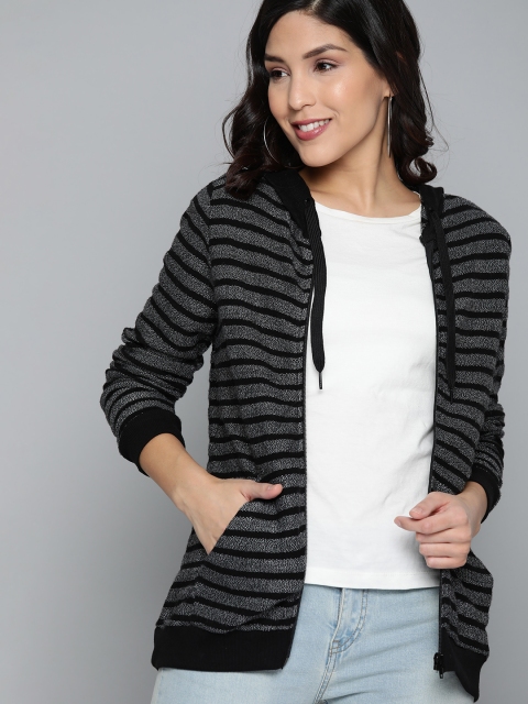 

HERE&NOW Women Black & Grey Self-Striped Longline Hooded Sweatshirt