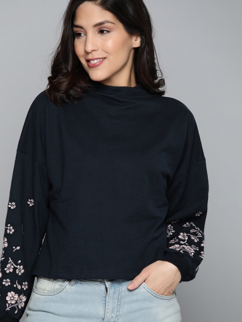 

HERE&NOW Women Navy Blue Floral Embroidered Detail Solid Sweatshirt