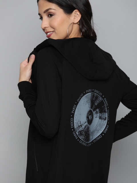 

HERE&NOW Women Black & Grey Printed Back Hooded Longline Sweatshirt