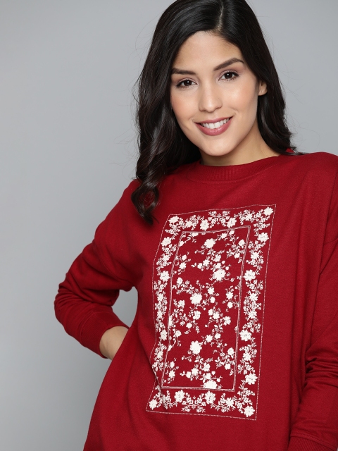 

HERE&NOW Women Maroon & Off-White Floral Printed Sweatshirt