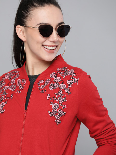 

HERE&NOW Women Red Floral Embroidered Sweatshirt
