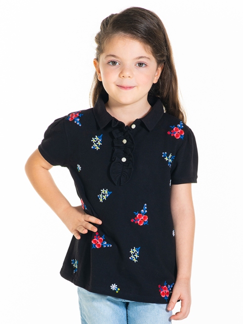 

Cherry Crumble Girls Black & Pink Floral Printed Polo Collar T-shirt