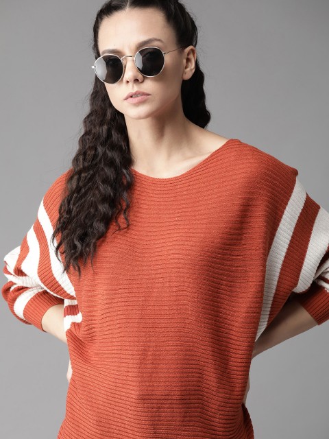 

Roadster Women Brown Self-Striped Pullover Sweater