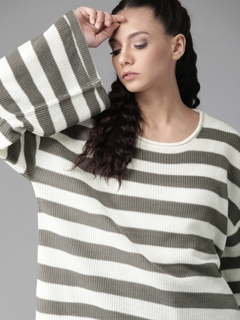 

Roadster Women White & Charcoal Grey Striped Acrylic Pullover
