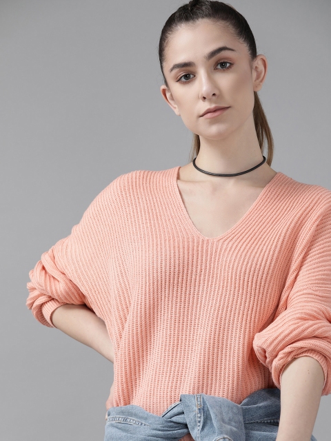 

Roadster Women Peach-Coloured Self-Striped Pullover