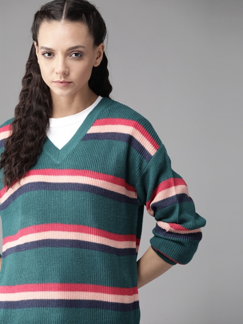 

Roadster Women Green & Pink Striped Pullover Acrylic Sweater
