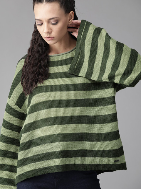 

Roadster Women Green Striped Pullover Acrylic Sweater