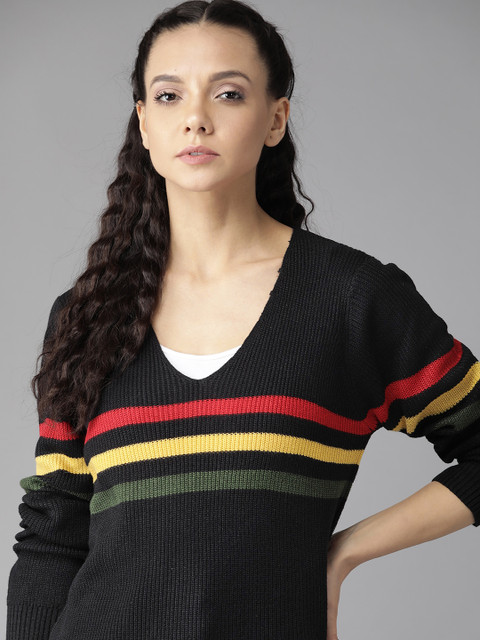 

Roadster Women Acrylic Black Striped Pullover Sweater