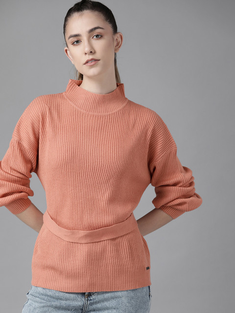 

Roadster Women Peach-Coloured Ribbed Pullover with Belted Detail