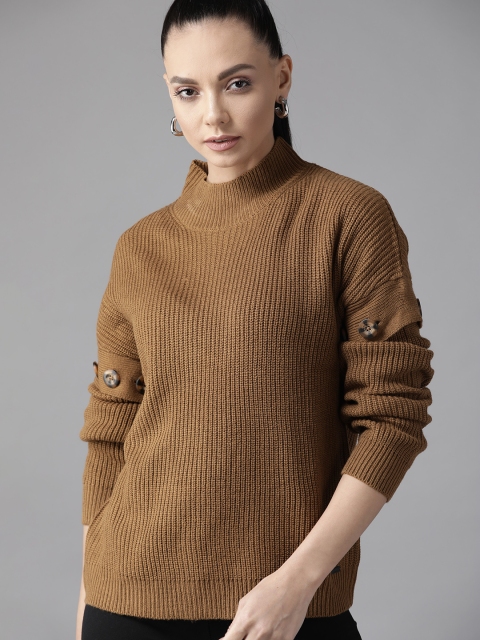 

Roadster Women Brown Solid Pullover With Detachable Sleeves