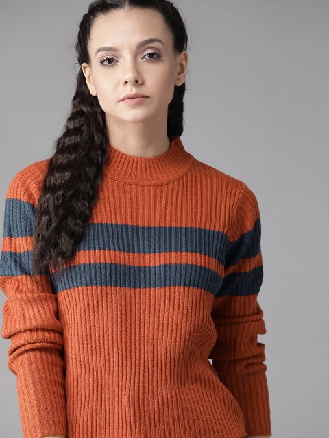 

Roadster Women Rust Orange & Navy Blue Striped Pullover Sweater