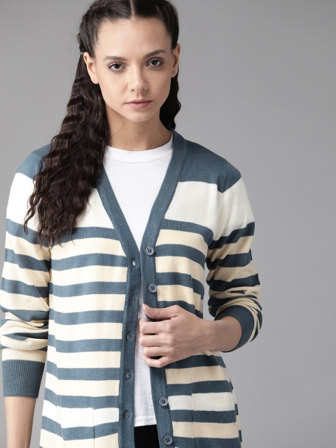 

Roadster Women Off-White & Blue Striped Cardigan Sweater