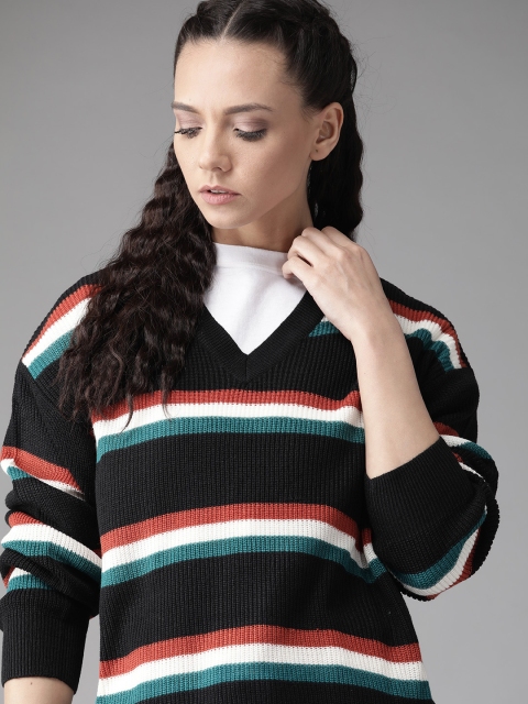 

Roadster Women Black & White Striped Pullover Sweater