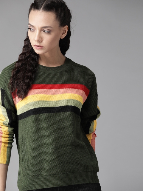 

Roadster Women Olive Green & Red Striped Pullover Sweater