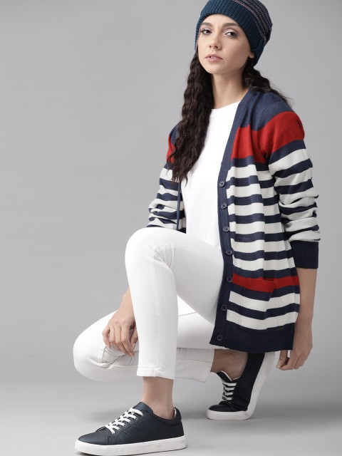 

Roadster Women White & Navy Blue Striped Cardigan Sweater
