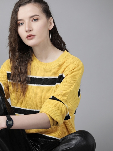 

Roadster Women Yellow & Black Striped Pullover Sweater