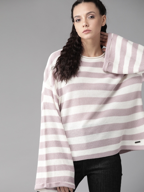 

Roadster Women White & Lavender Striped Oversized Acrylic Pullover Sweater