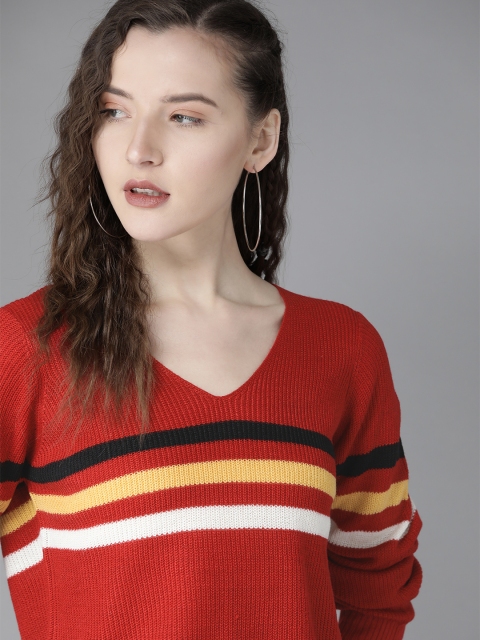 

Roadster Women Red & Yellow Striped Pullover Acrylic Sweater